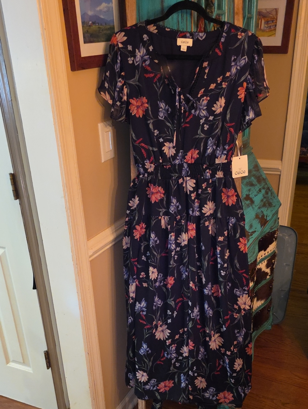 CeCe Navy Floral Tie-Front Midi Dress